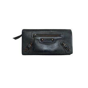 Balenciaga Black Leather Continental Wallet With Zippered Pocket & Snap Closure
